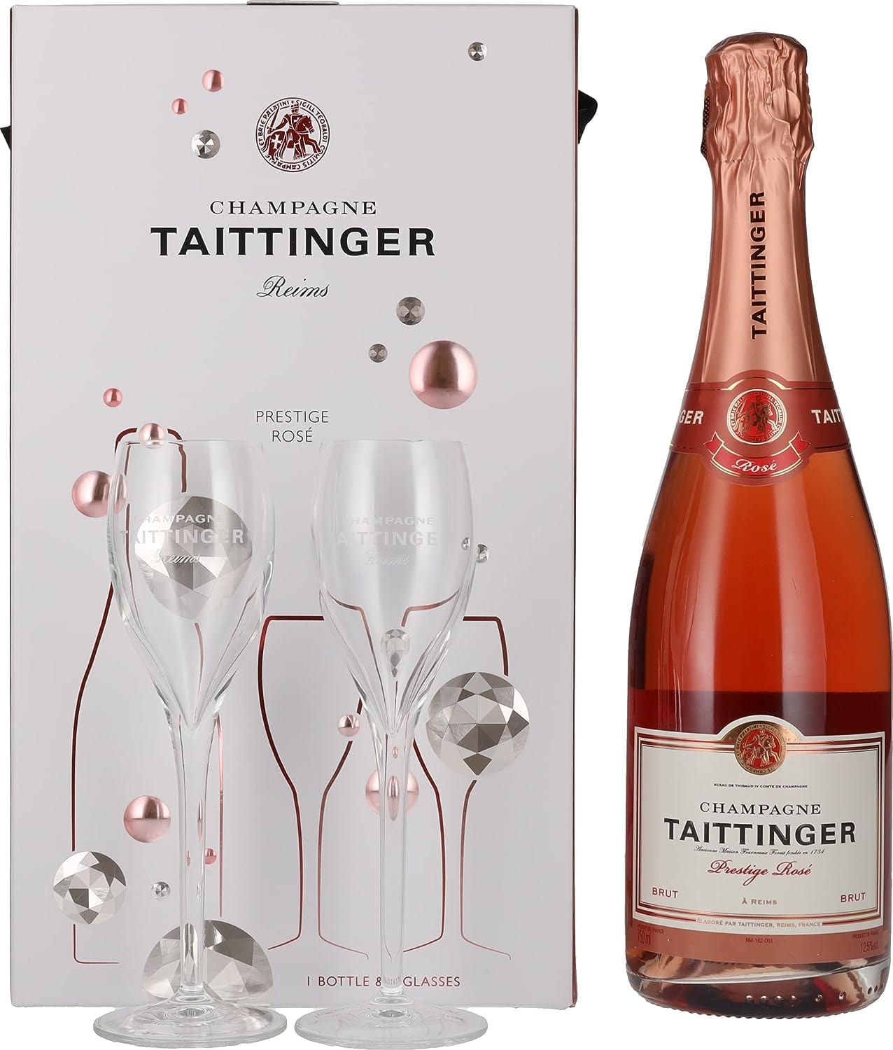 Taittinger Brut Réserve Rosé Champagne and Glasses Gift Set 75cl