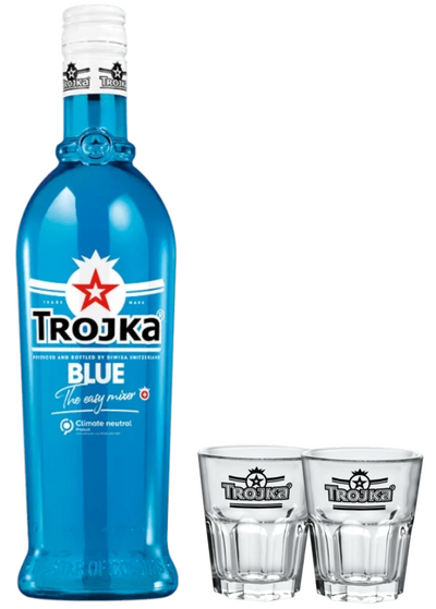 Trojka Blue Vodka Liqueur &amp; 2x Shot Glasses 70cl