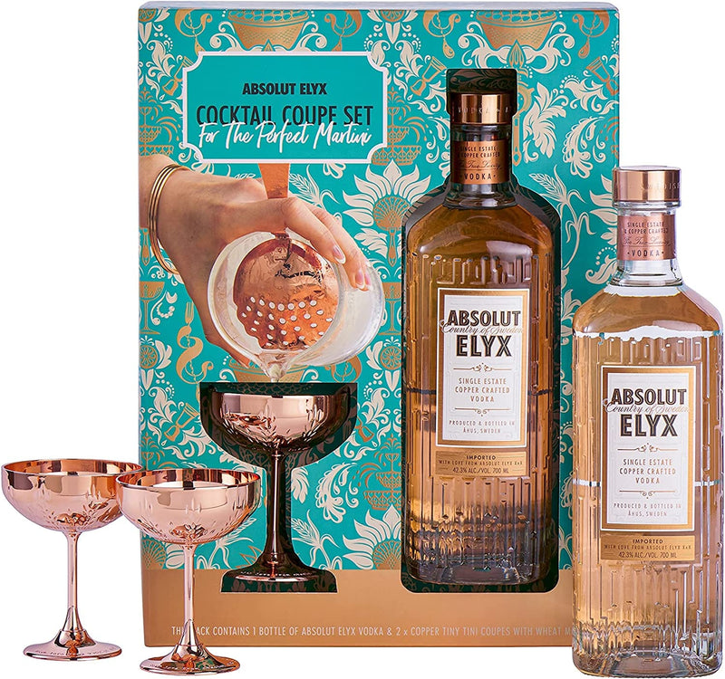 Absolut Elyx Vodka Mini Martini Coupe Gift Set with 2 Mini Martini Copper Glasses 70cl