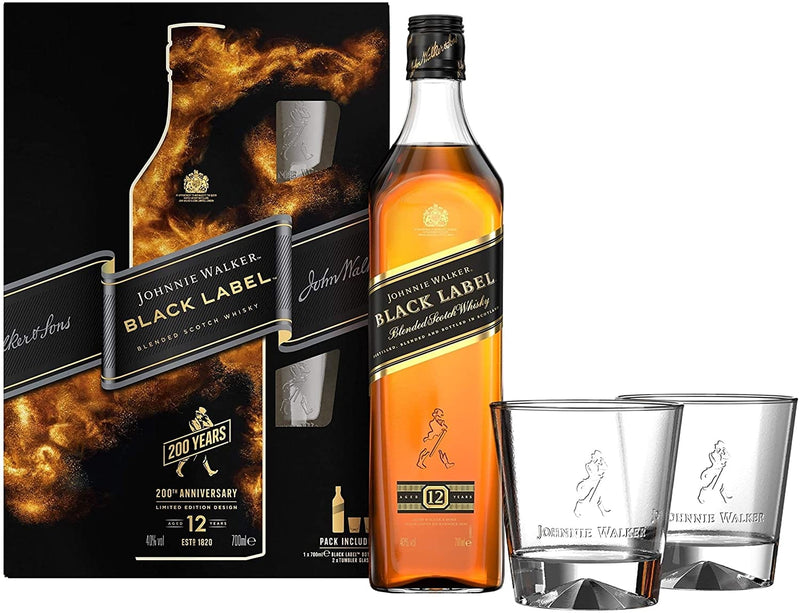 Johnnie Walker Black Label 200th Year Anniversary Gift Pack 2 x Glasses 70cl