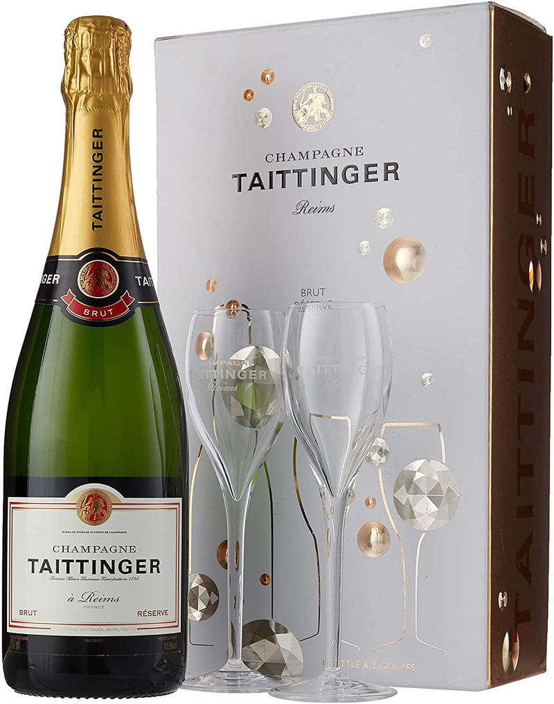 Taittinger Brut Réserve Non Vintage Champagne and Twin Flutes Gift Set 75cl